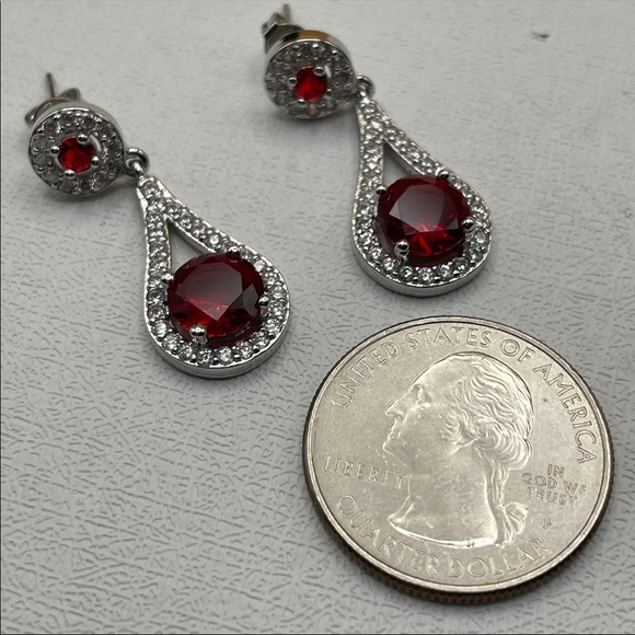 925 Sterling Silver Red Ruby Diamond Tear Drop Pear Cut Elegant Dangle Earrings - Picture 13 of 13